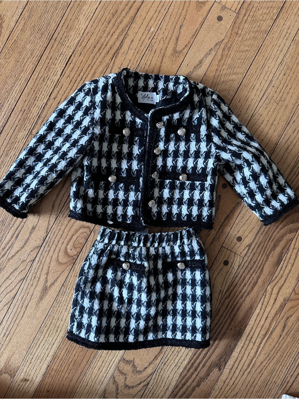 Lola and the boys, Black & White Houndstooth Two-Piece Jacket and Skirt Set